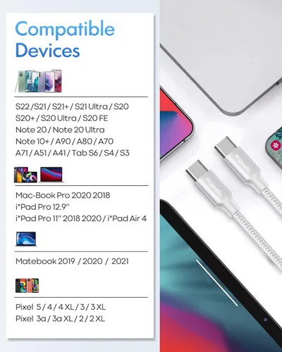 Miniatura 7 de etguuds Cable USB C a USB C blanco de 3 pies, paquete de 2 cables USBC a USBC de 60 W, cable de carga tipo C a C, carga rápida para iPhone 17, 16