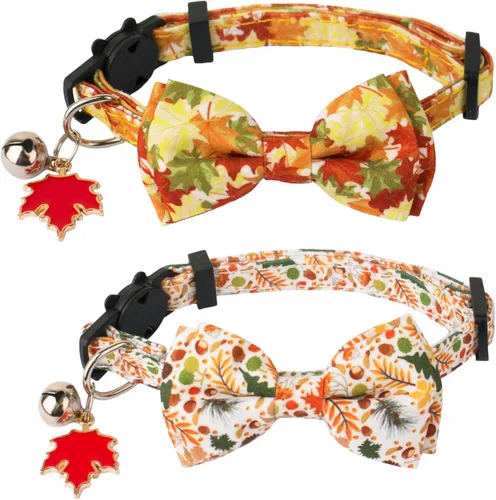 Miniatura 5 de ADOGGYGO Collar de gato de otoño con cascabel de corbata de moño extraíble, paquete de 2 hojas de otoño para Acción de Gracias collar de moño