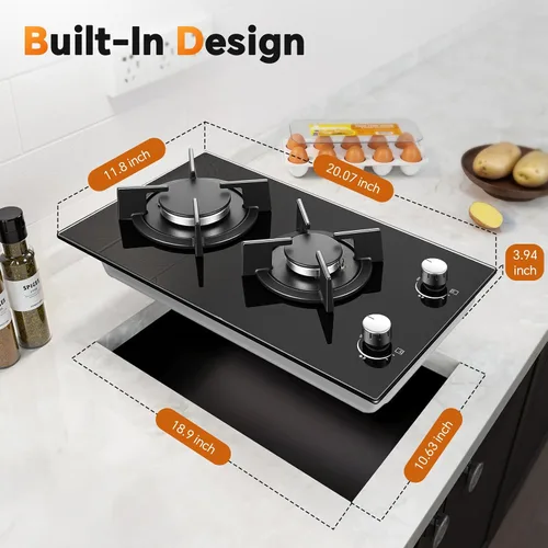 Miniatura 6 de Estufa de Gas de 2 Quemadores, Placa de Cocina de Propano de 12 Pulgadas, Placa de Cocina de Gas Empotrable de Vidrio Templado Negro con Protección
