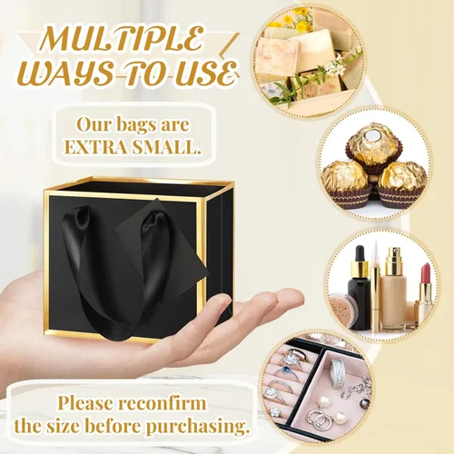 Miniatura 3 de Yeaqee 50 mini bolsas de regalo de papel metálico con asa de 4.75 x 2.25 x 4 pulgadas, pequeña bolsa de regalo para bricolaje, etiqueta de Dorado