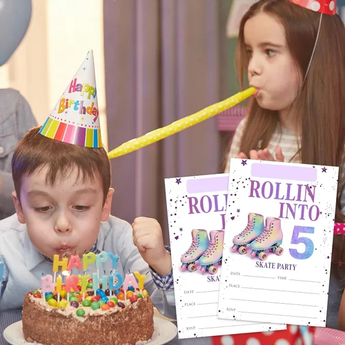 Miniatura 5 de 5ª invitaciones de cumpleaños para fiestas de patinaje sobre ruedas para niñas y niños, tarjetas de invitación de patines rosas con sobres, 20