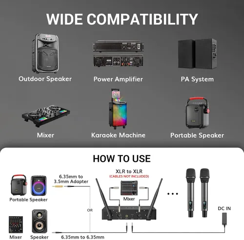 Miniatura 8 de TONOR Sistema de Micrófono Inalámbrico, Escaneo Automático y Emparejamiento UHF Micrófono de Karaoke Recargable, 2x100 Micrófono Inalámbrico
