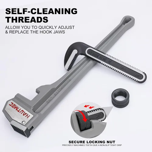 Miniatura 3 de HAUTMEC Llave de tubo recta de aluminio resistente de 24 pulgadas, llave de fontanería ajustable, capacidad de mandíbula de 3 pulgadas