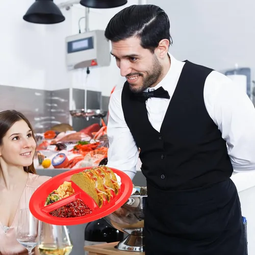 Miniatura 8 de Acrux7 - 12 platos de plástico para tacos para fiestas, platos grandes para tacos con divisores, capacidad para 3 tacos, 2 áreas de inmersión