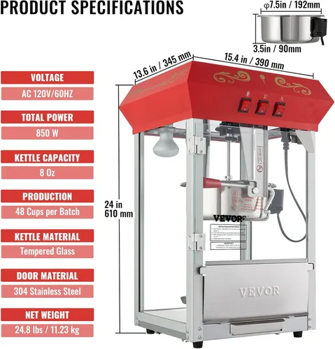 Miniatura 7 de VEVOR - Máquina comercial para hacer palomitas, hervidor de 8 oz, máquina de palomitas de 850 W para 48 tazas por tanda, máquina de palomitas