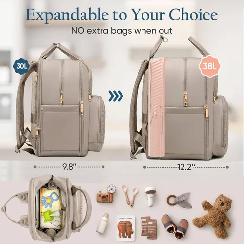 Miniatura 3 de Mochila para pañales Qualyphant - Bolsa de pañales extra grande para dos niños gemelos (expandible 30-38L) - Mochila de viaje para bebé con marrón