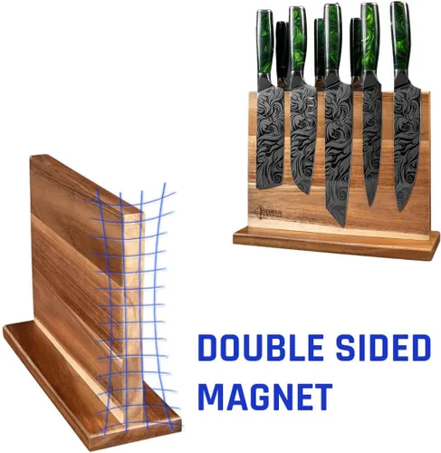 Miniatura 6 de SENKEN - Bloque magnético de madera de acacia natural, imanes de neodimio ultra fuertes de doble cara, soporte para cuchillos para 16 cuchillos