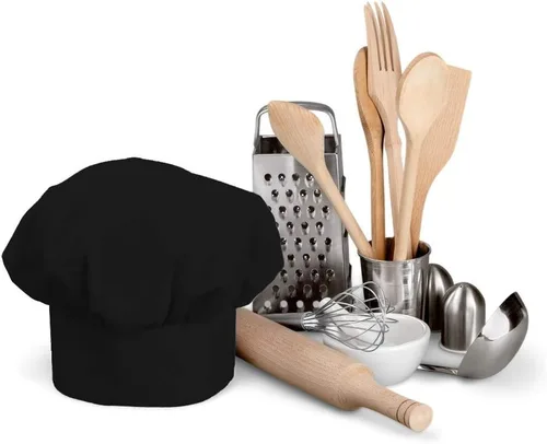 Miniatura 5 de Juego de sombrero y delantal de chef negro, delantal con babero en tamaño grande y sombrero de chef, babero para cocinar a la parrilla, delantal