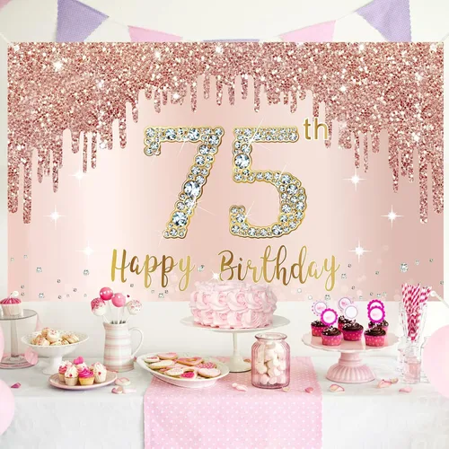 Miniatura 4 de Cartel de cumpleaños 75 para mujer, decoración de fondo de fiesta de cumpleaños de 75 años de oro rosa, póster de cumpleaños de 75 años, decoración