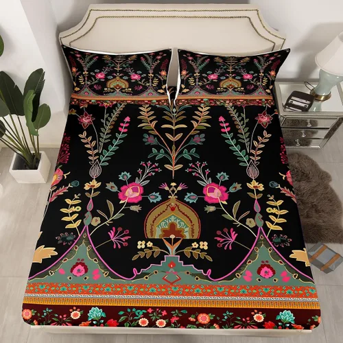 Miniatura 40 de Sábanas de cama góticas de damasco para adultos, sábana bajera ajustable victoriana antigua, sábanas góticas florales vintage, juego de ropa de cama