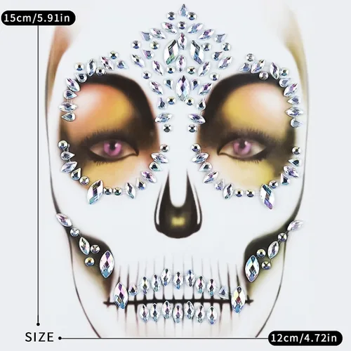 Miniatura 2 de Kit de tatuaje temporal del Día de los Muertos, gemas de cara de calavera, tatuajes, diamantes de imitación para hombres, mujeres, niños, Halloween