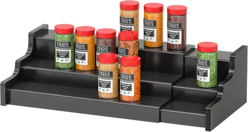 Organizador de especias para gabinete, estante de exhibición expandible de madera de bambú negro de 3 niveles de 12.70 a 22.20 pulgadas
