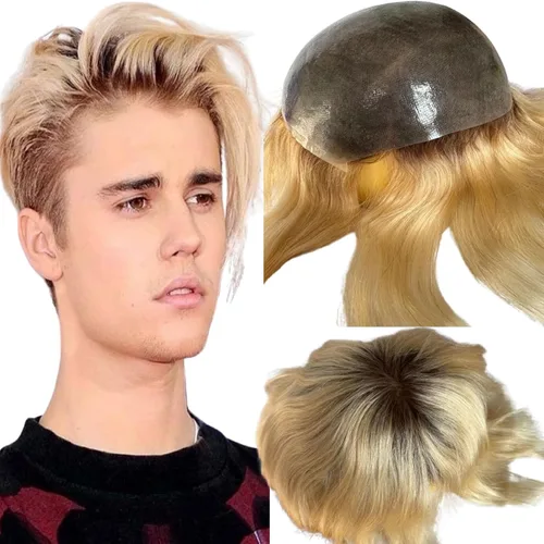 Miniatura 26 de Voloria Toupee para hombre ultra fina piel PU hombres postizo europeo virgen cabello humano reemplazo piezas 10x8inch 7 color marrón claro