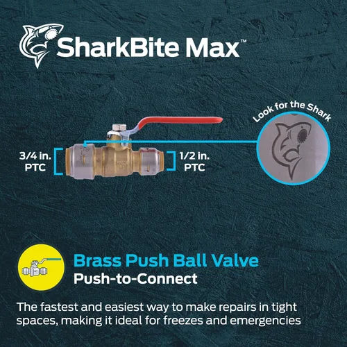 Miniatura 2 de SharkBite Max 3/4 x 1/2 en PTC, válvula de bola reductora, conexión de fontanería de cierre de agua de latón de empuje para conectar, UR22973
