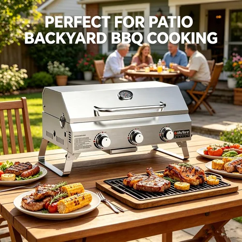 Miniatura 5 de Parrilla de Gas de Mesa 3 Quemadores, Parrilla de Propano Portátil para Barbacoa con Patas Plegables para Barbacoa al Aire Libre, Patio, Jardín