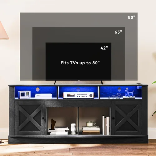Miniatura 6 de DWVO Soporte de TV para televisor de 75/80 pulgadas, centro de entretenimiento, consola de medios con luz LED, gabinete de TV con puertas de granero