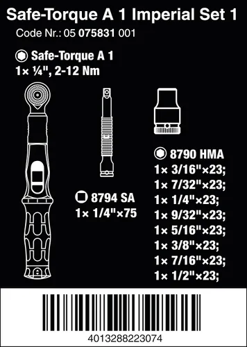 Miniatura 2 de Wera 05075831001 Safe-Torque A 1 Imperial Set 1, Juego de llaves dinamométricas, accionamiento de cabeza cuadrada de 1/4", 2-12 Nm, 10 piezas