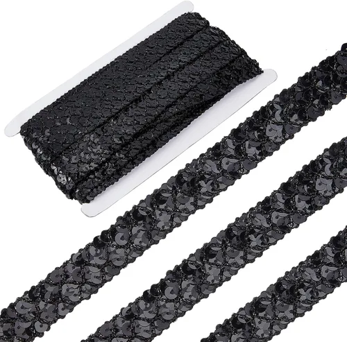 GORGECRAFT Cinta de lentejuelas negras de 0.78 pulgadas (14 yardas) con purpurina y lentejuelas de encaje, tiras de lentejuelas de 3 filas, rollo de
