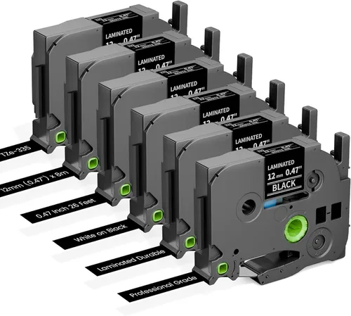 Freshworld Paquete de 6 cintas de repuesto para rotuladora Brother TZe-335 de 0.472 in 0.47 de tinta blanca sobre cinta negra laminada compatible