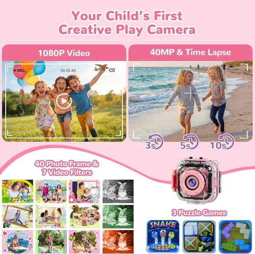 Miniatura 4 de PROGRACE Cámara impermeable para niños - Cumpleaños para niñas de 3 a 12 años, cámara de video HD 1080P submarina para niños, juguetes para piscina