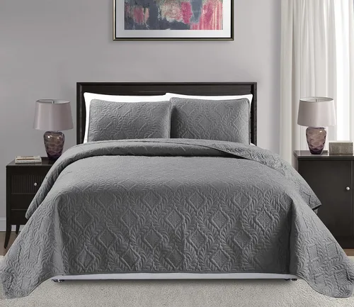 Miniatura 9 de Colección Mk King/California King Tamaño Extra Grande 118"x106" Colcha Cobertor de Cama de 3 Piezas con Diseño de Diamantes Realzado Sólido Borgoña
