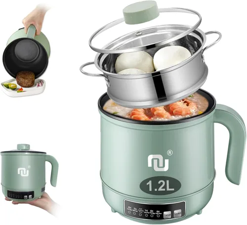 Mini olla caliente inteligente con temporizador y apagado automático 1.2L antiadherente rápido cocina de fideos con cesta de vapor de acero
