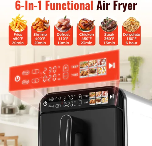 Miniatura 5 de Horno freidora de aire de 11.6 cuartos de galón con cesta doble, diseño vertical de 2 cestas, función de 6 programas preestablecidos con pantalla