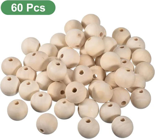Miniatura 3 de uxcell 60 cuentas espaciadoras de madera natural de 0.98 pulgadas (0.984 in), agujero grande sin acabar, cuentas de madera redondas sin terminar