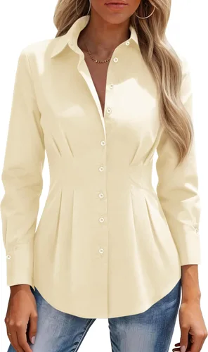 Miniatura 11 de siliteelon Camisas con botones para mujer, cintura ceñida, camisa de vestir de algodón de manga larga para negocios, casual, trabajo, oficina