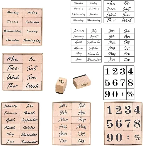Miniatura 7 de Sellos de goma de madera vintage, 52 sellos de fecha, sellos de madera vintage para la semana y números para hacer tarjetas, pintura, enseñanza