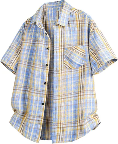 Miniatura 4 de Men's Casual Plaid Button Down Shirt Short Sleeve Gingham Dress Shirts Regular Fit Tee Work Tops with Pocket