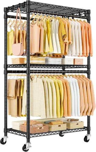 Miniatura 9 de ULIFHOME P5 Plus - Perchero resistente para colgar ropa, perchero de metal con ruedas, estante portátil de 3 niveles para armario de 45 pulgadas