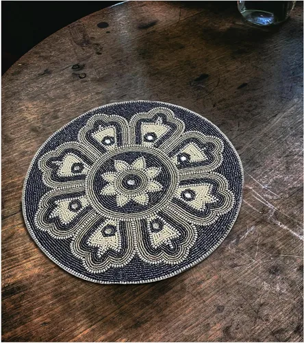 Miniatura 2 de Manteles individuales con cuentas para mesa de comedor de 13 pulgadas de diámetro, combo tono carbón, manteles individuales redondos con cuentas