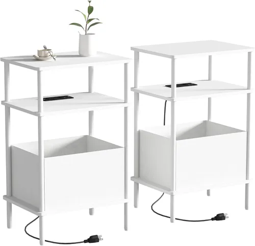Miniatura 10 de Mesa auxiliar pequeña con estación de carga, mesa auxiliar para espacios pequeños, mesita de noche delgada con tomacorriente, sofá junto a la mesa