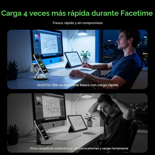 Miniatura 4 de Cargador inalámbrico 3 en 1 para iPhone, estación de carga magnética para la familia Apple con luz ambiental azul ajustable, soporte de cargador