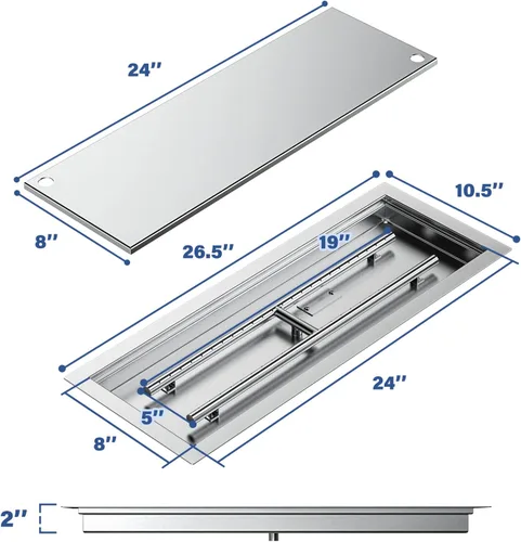 Miniatura 2 de Skyflame - Sartén y quemador de acero inoxidable rectangular para fogata con cubierta del quemador, área de combustión de 24 por 8 pulgadas