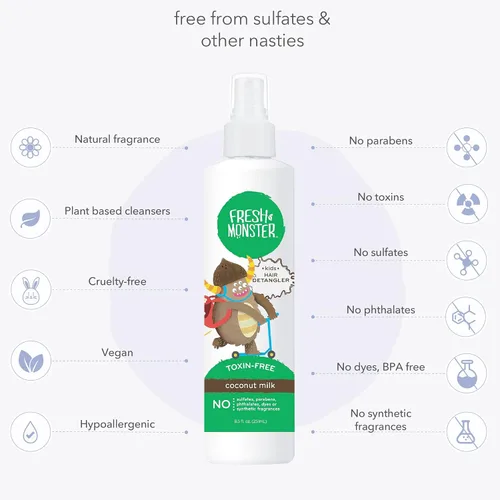 Miniatura 4 de Fresh Monster Spray desenredante para niños, sin toxinas, hipoalergénico y natural, spray acondicionador para el cabello para niños, coco