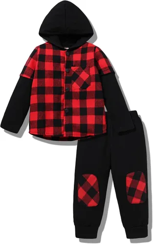 Miniatura 8 de YOUNGER TREE Conjunto de sudadera con capucha para niños pequeños, conjunto de camisa de franela a cuadros para otoño, invierno y primavera