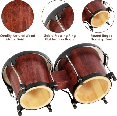 Miniatura 4 de EASTROCK Juego de tambor Bongo de 6 y 7 pulgadas para principiantes, estudiantes, adultos, profesionales, cabezas de piel de animales naturales, Rojo