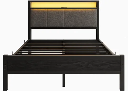 Miniatura 7 de Base de cama de tamaño matrimonial con luces LED, cabecera tapizada con estantes de almacenamiento y estación de carga, base de colchón LED