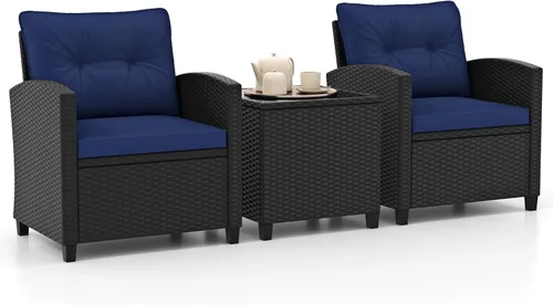 Miniatura 12 de HAPPYGRILL Juego de conversación para patio de 3 piezas, juego de muebles de exterior de sofá de ratán PE con cojines removibles, sillas de mimbre