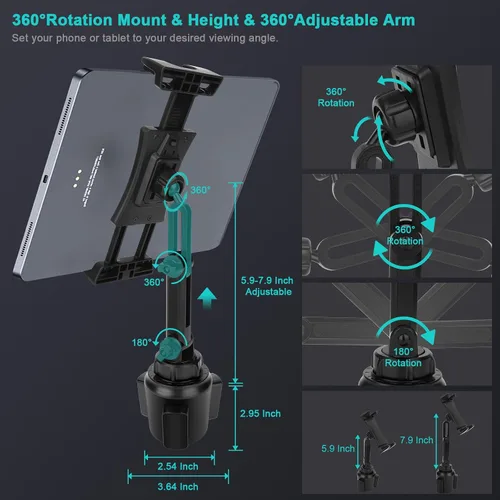 Miniatura 5 de Cup Holder Car Tablet Mount, Universal 360° Rotation Adjustable Long Arm Holder Stand for iPad Pro 12.9/11/10.5/9.7/Air/Mini 6/5/4, Galaxy Tab/Z