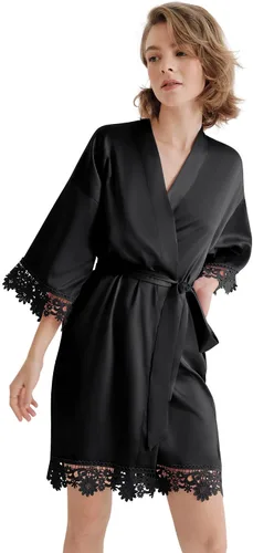 SIORO Bata de satén para mujer, bata de encaje tipo kimono de seda corta para dama de honor, boda, fiesta, camisón estampado, 2, mediano