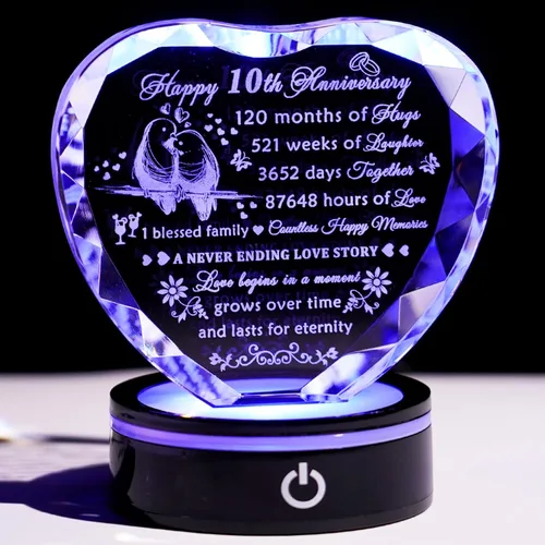 YWHL Regalos de corazón de cristal para parejas con base LED, grabado con láser, regalo de recuerdo de feliz décimo aniversario para esposa, marido,