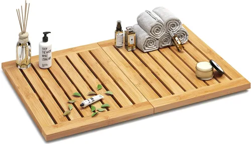 Miniatura 8 de Tapete de baño de bambú negro impermeable para ducha, plegable, antideslizante, resistente, tapete de baño de madera, tapete de piso y felpudo