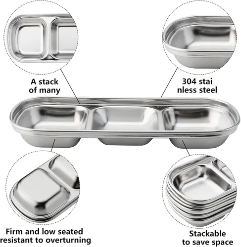 Miniatura 2 de 3 cuencos de acero inoxidable para salsa de soja, 3 rejillas divididas, platos de acompañamiento para salsa de soja, salsa de tomate, condimentos