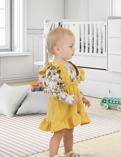 Miniatura 4 de ATEUNO Newborn Baby Girl Clothes Long Sleeve Floral Romper Tops Ruffle Suspender Skirt Set Infant Overall Dress Fall Outfits