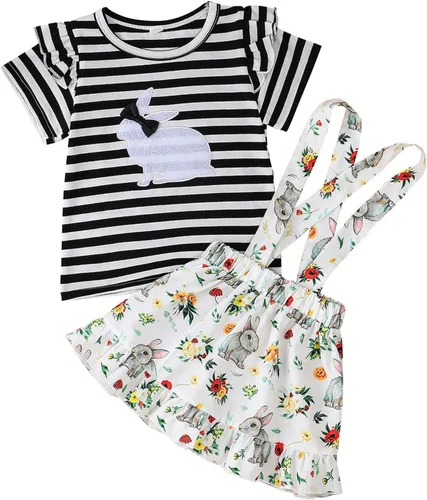 AIMAOMI Toddler Girls Easter Outfits Rabbit Printed Striped T-shirt Tops Suspenders Skirts Girl Spring Outfit