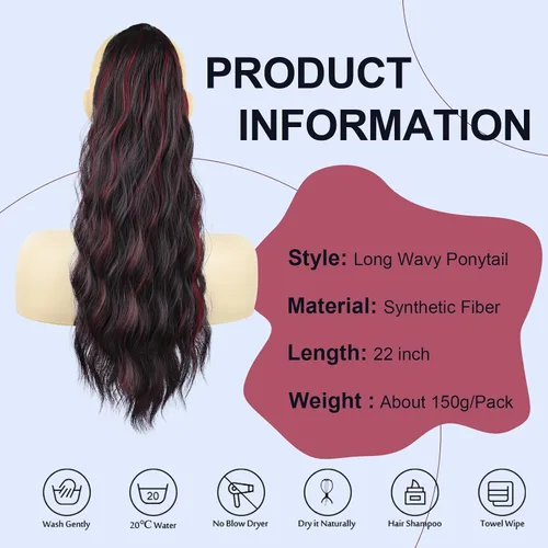 Miniatura 5 de FREEMEIGE Extensión de Cola de Caballo de 22 Pulgadas Negro Mezclado con Burdeos Larga Ondulada con Cordón Extensión de Cola de Caballo para Mujeres