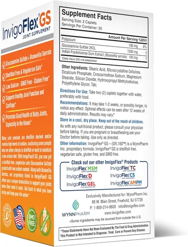 Miniatura 7 de INVIGOFLEX® GS - Sulfato de glucosamina (sin mariscos, sin sodio y seguro para vegetarianos) sin OMG, sin gluten, con Boswellia Serrata - Suplemento